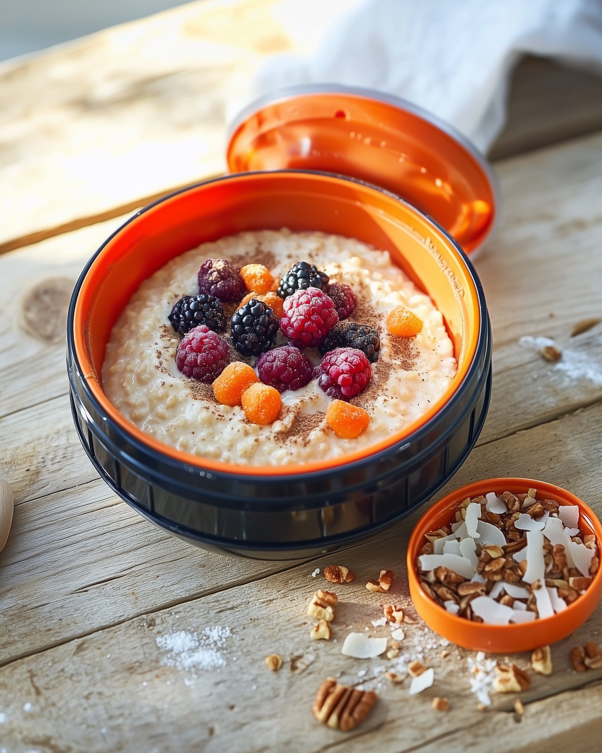 Cremiger Kokos-Porridge mit frischen Beeren und Kokosflocken, ein süßes Gottes Nahrung Frühstück ganz ohne künstliche Zusätze.