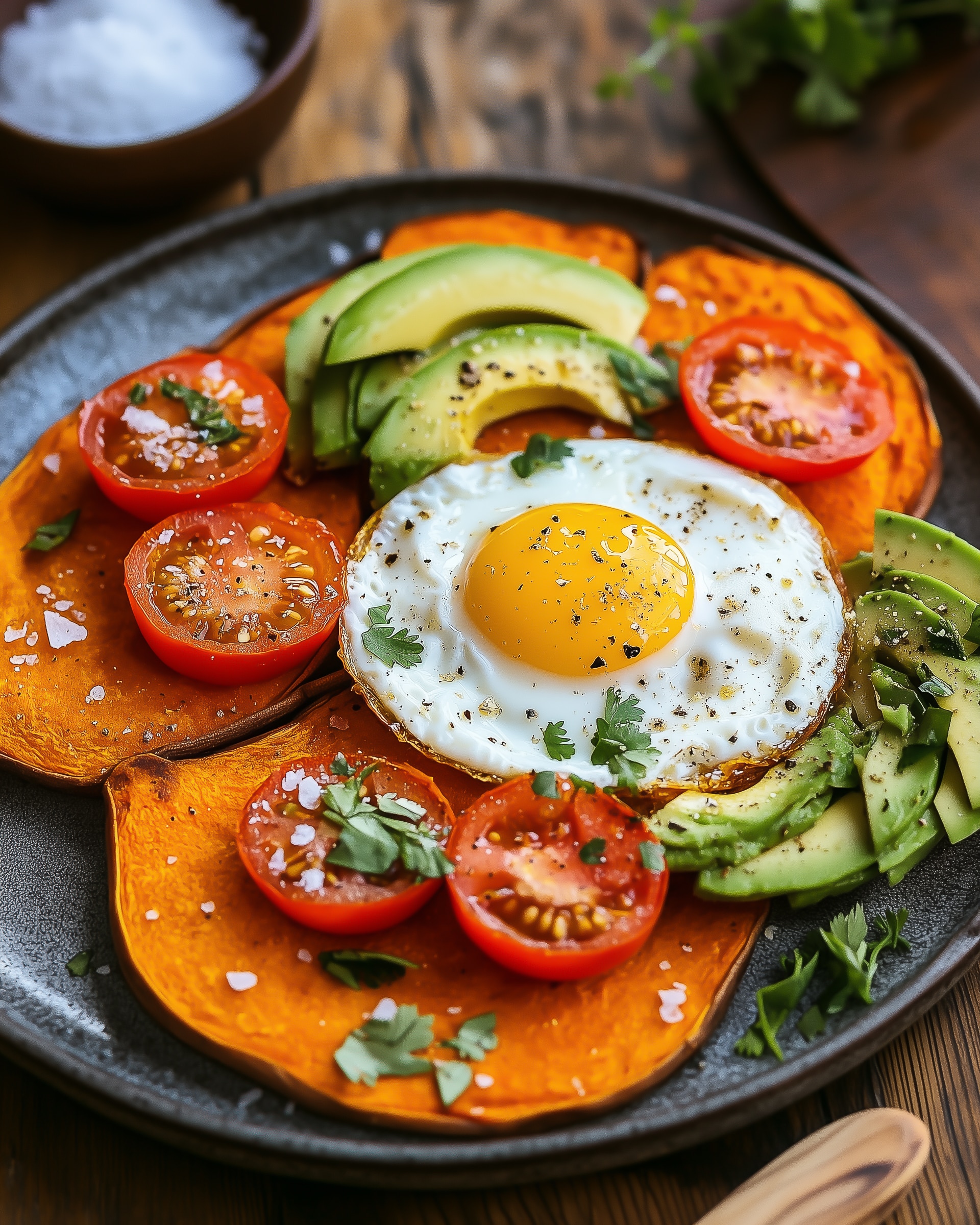 Süßkartoffelscheiben mit Avocado, Tomaten und Spiegelei.