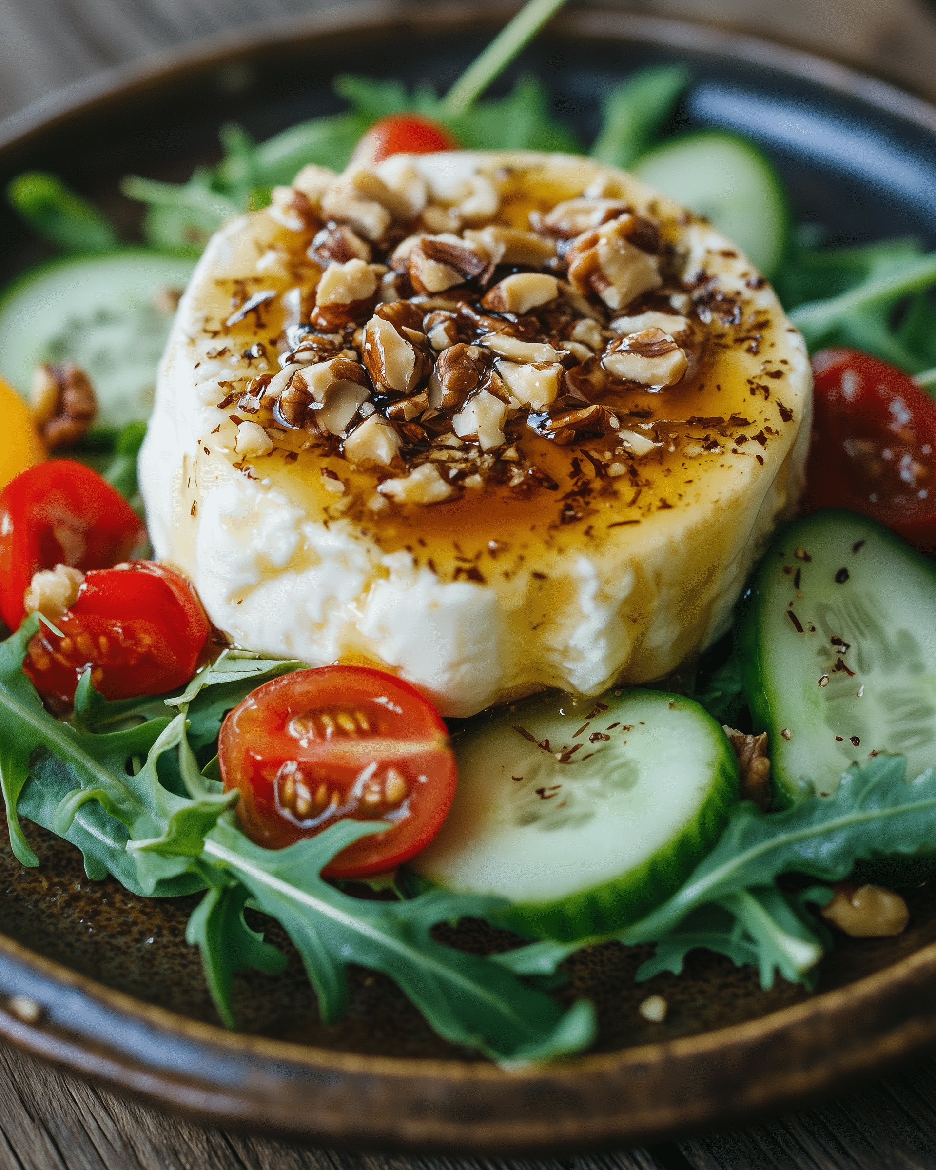 Ziegenrohmilchkäse überbacken mit Rohhonig und Walnüssen, serviert auf einem frischen Salatbett mit Tomaten und Gurken – herzhafte Delikatesse.