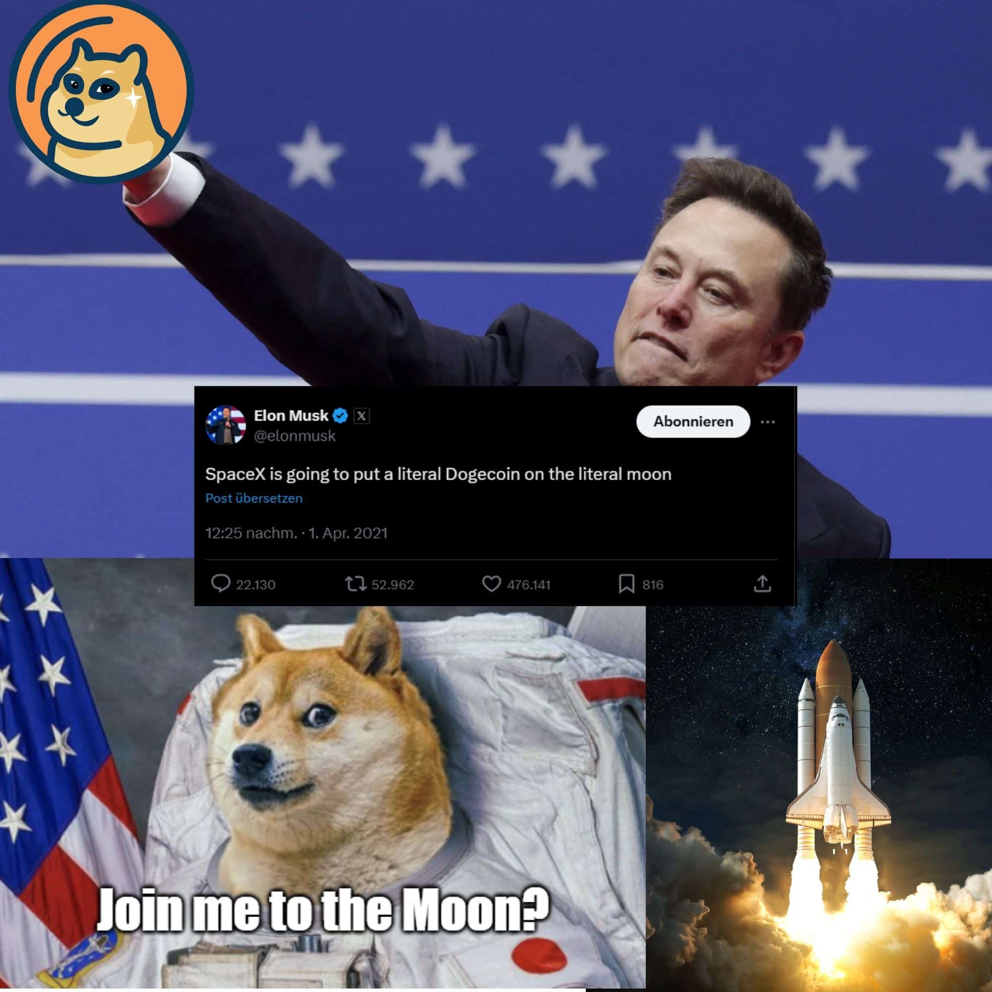 Dogecoin auf dem Weg zum Mond? Elon Musk und das Dogecoin-Meme sorgen für Furore in der Krypto-Community.