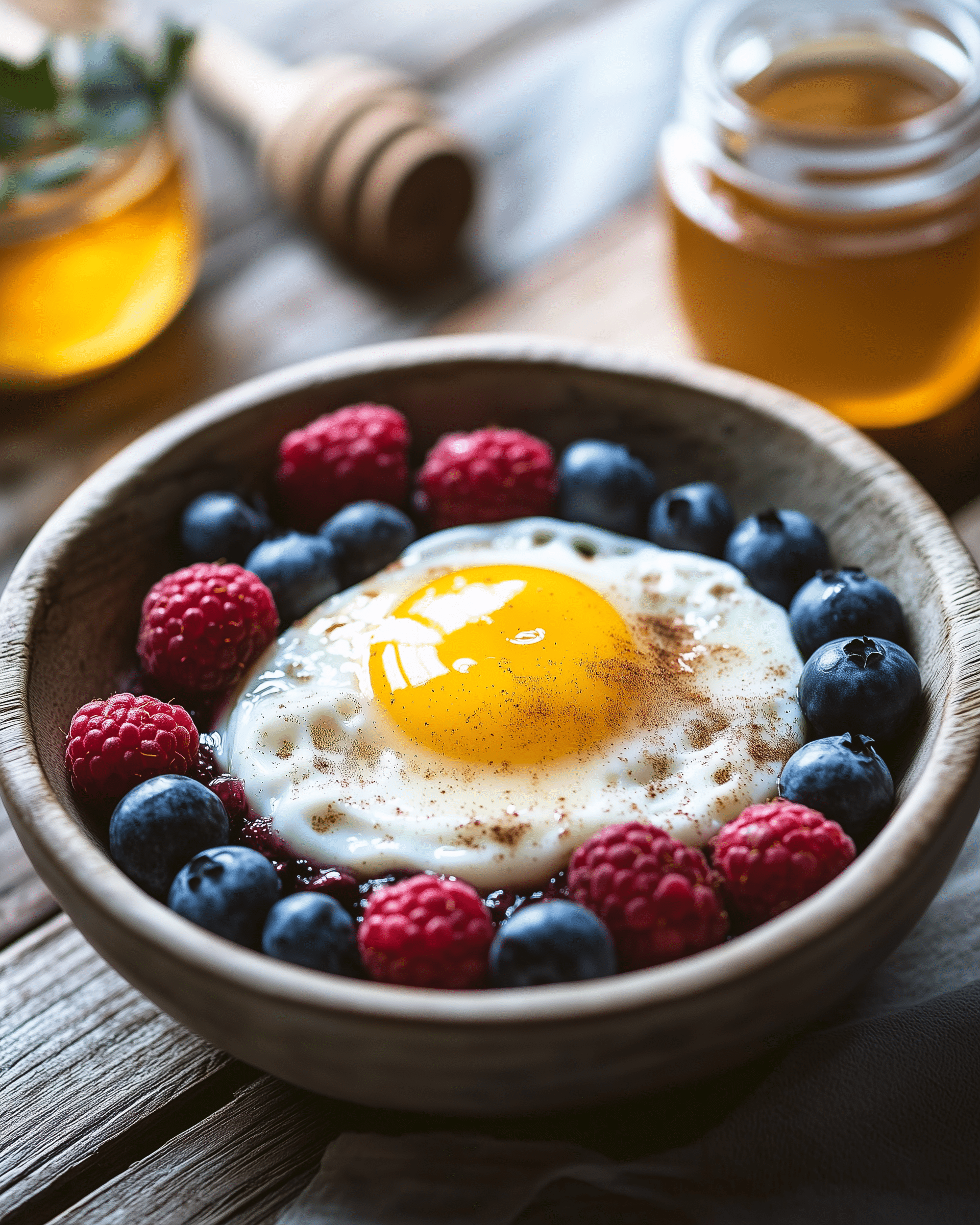 Honig-Ei-Bowl mit Bio-Eiern, frischen Beeren und Rohhonig, angerichtet in einer Schüssel – idealer nährstoffreicher Start in den Tag.