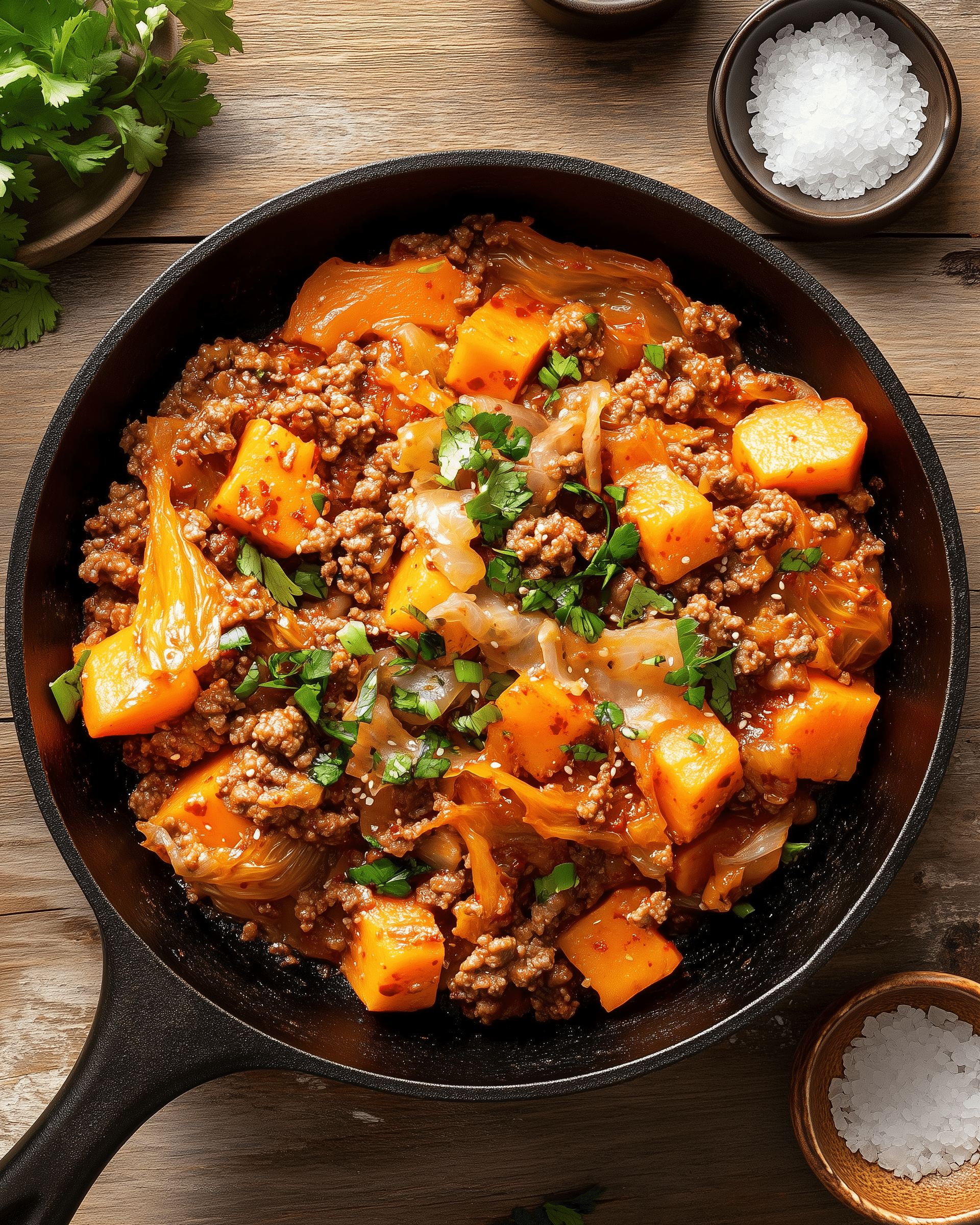 Pfanne mit Rinderhackfleisch aus Weidehaltung, Kimchi, Süßkartoffelwürfeln und frischen Kräutern – gesundes, herzhaftes Gericht.