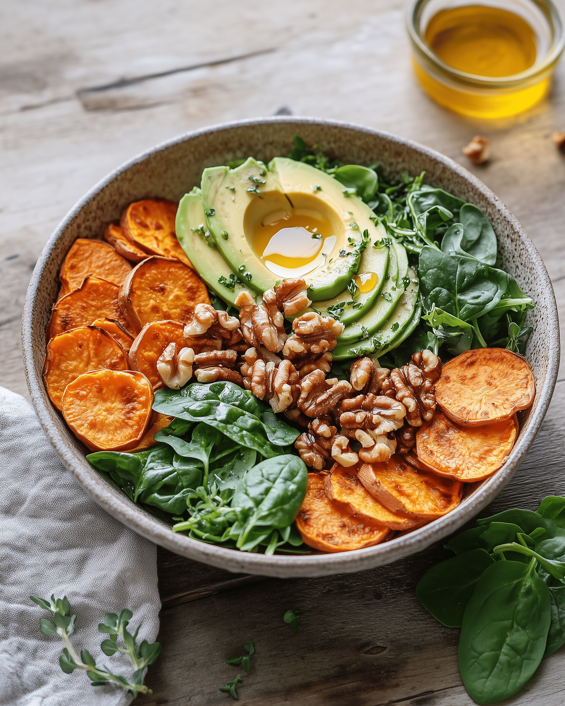 Eine Schüssel mit frischen Zutaten: gebackene Süßkartoffelscheiben, Avocadoscheiben, Walnüsse, frischem Spinat und einem Spritzer Olivenöl. Perfekt für eine nährstoffreiche Mahlzeit und ideal für Gottes Nahrung Rezepte.