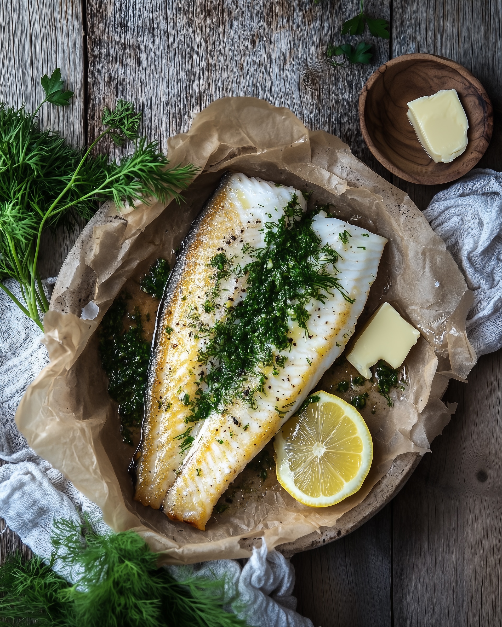 Zartes Fischfilet auf Backpapier, mit frischen Kräutern und einer Zitronenscheibe, präsentiert auf einem rustikalen Holztisch. Gottes Nahrung Gerichte