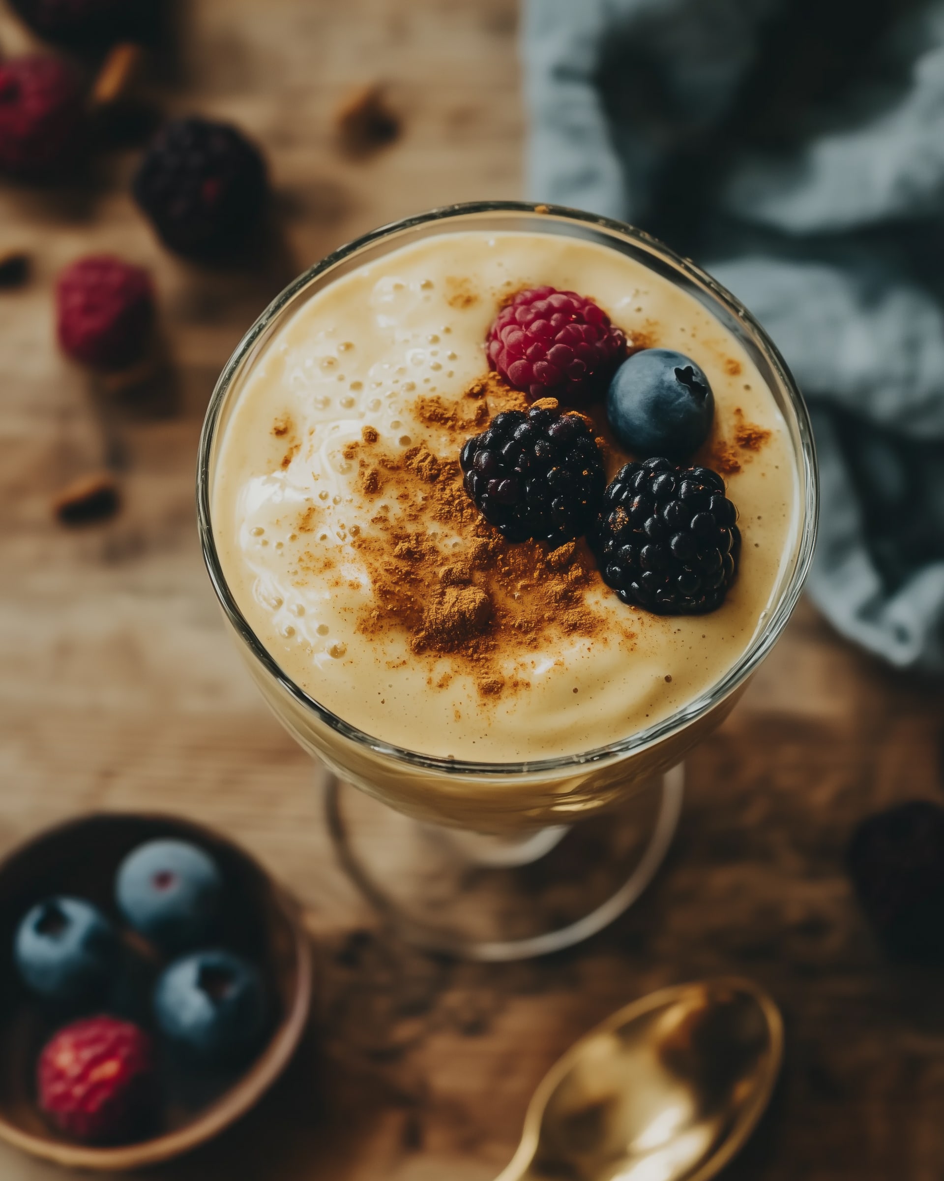 Ein Kefir-Smoothie in einem Glas, bestreut mit Zimt, dekoriert mit frischen Beeren, auf einem Holztisch mit rustikalem Dekor.