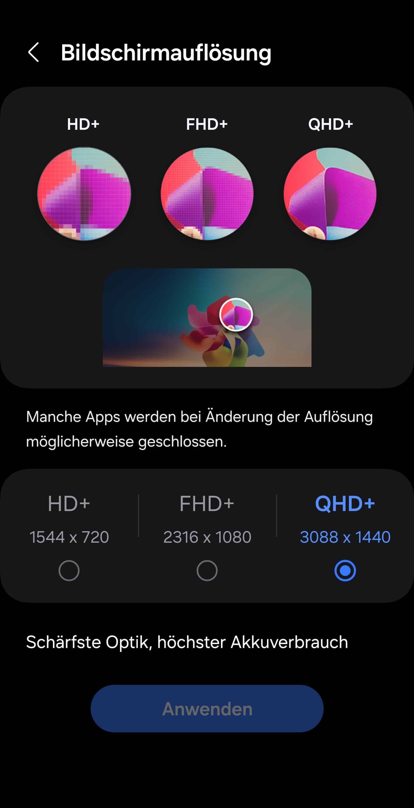 Bildschirmauflösung Einstellung Galaxy S25 Ultra zum Akku Sparen.