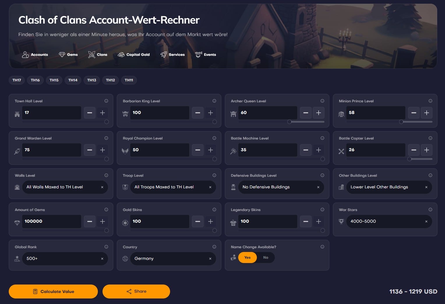 Screenshot eines Clash‑of‑Clans‑Account‑Wert‑Rechners – Eingabefelder für Rathaus‑Level 17, Helden‑Level, Mauern, Skins, Gems und mehr