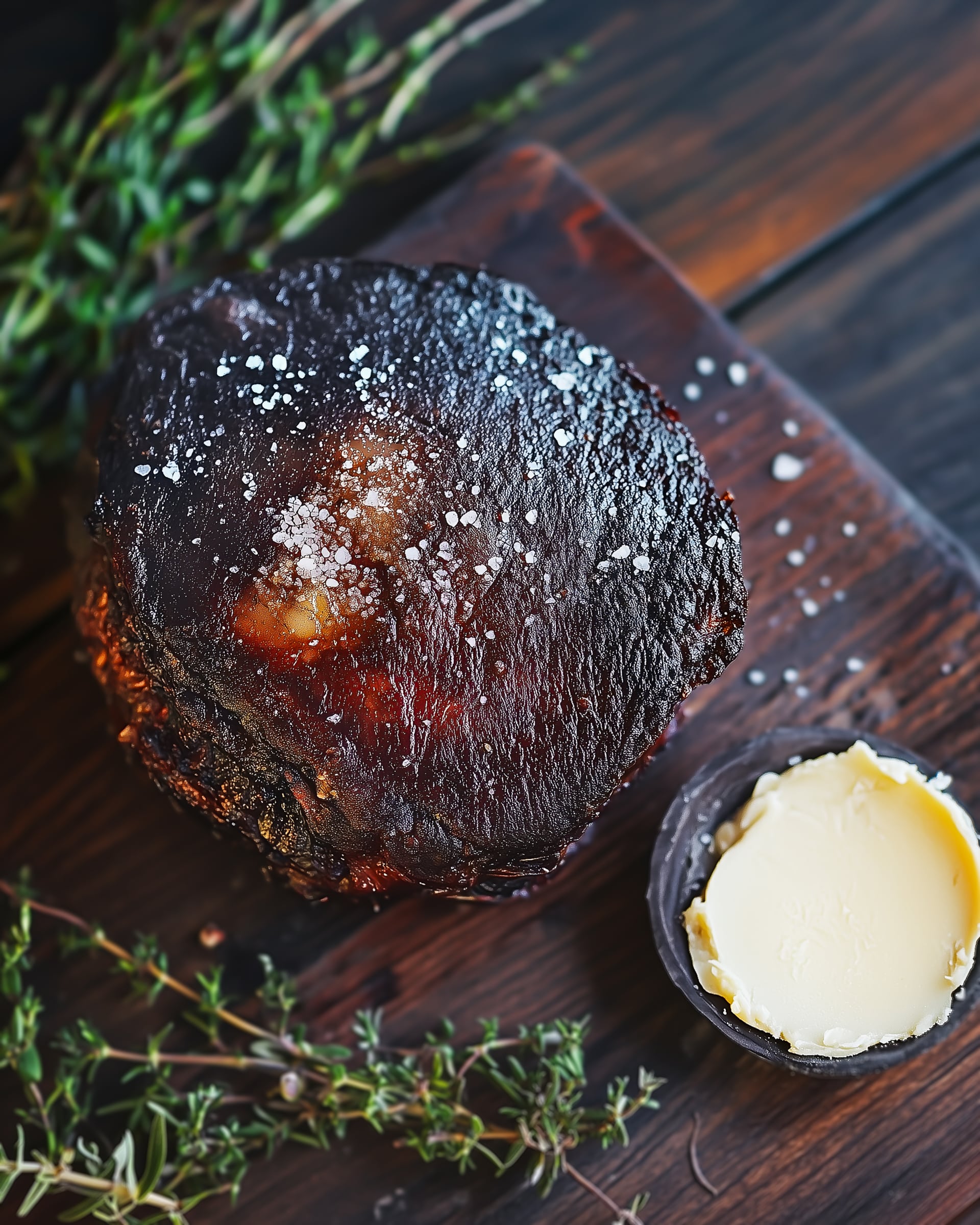Dunkel fermentiertes Fleisch mit salziger Kruste, serviert auf einem rustikalen Holzbrett mit Butter und Kräutern – eine Delikatesse mit tiefem Umami-Geschmack.