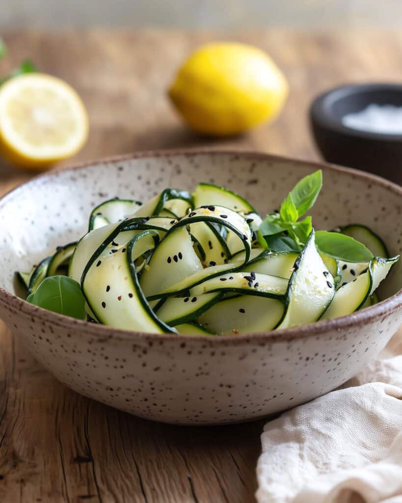 Frischer Zucchini-Salat mit Sesam und Zitronendressing – ein leichter, gesunder Gottes Nahrung Snack.
