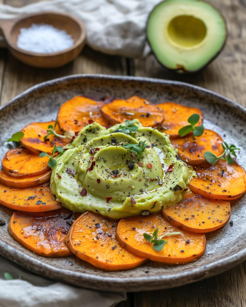 Süßkartoffel-Taler mit cremiger Avocado – ein nährstoffreicher, veganer Snack nach der Gottes Nahrung Philosophie.