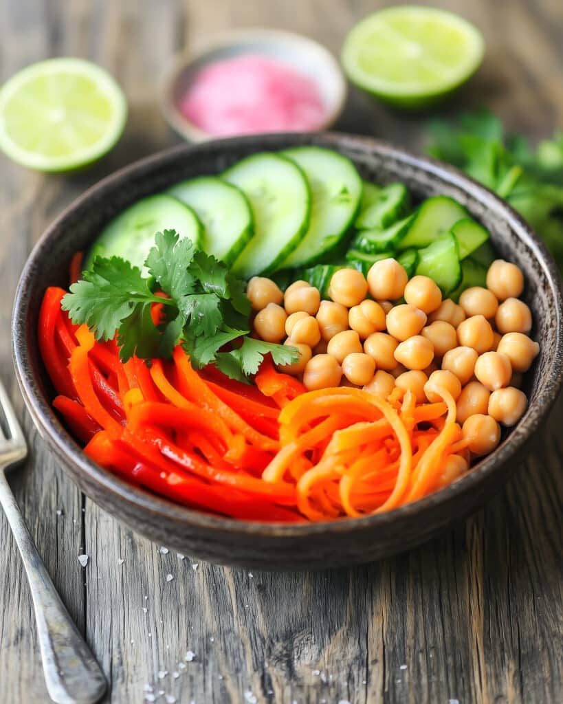 Bunte Rohkost-Bowl mit Kichererbsen, Paprika und Limetten-Dressing – ein frischer, unverarbeiteter Snack für unterwegs.