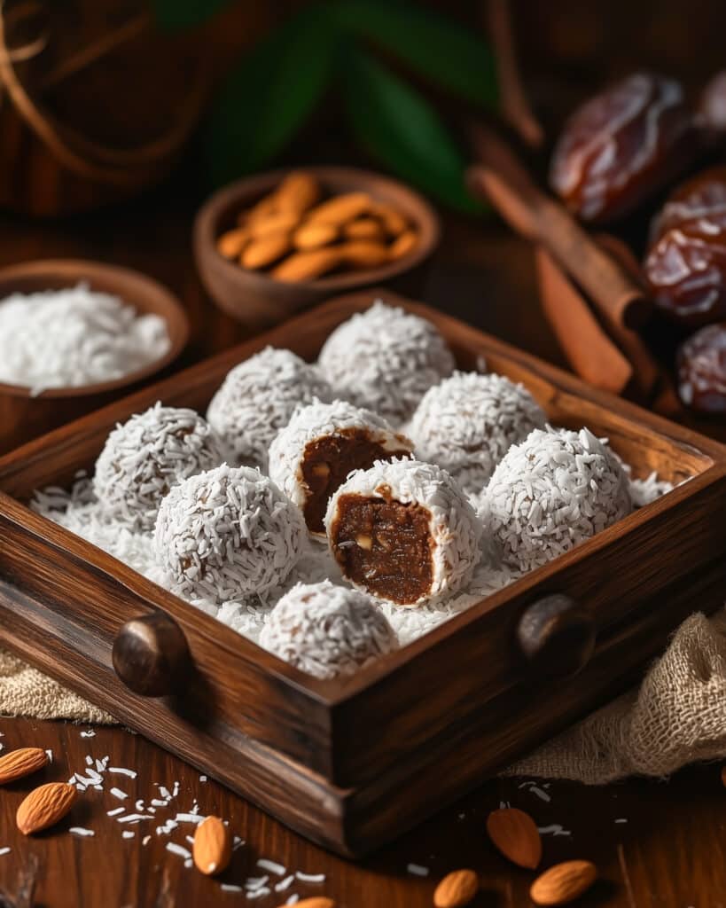Kokos-Dattel-Energie-Balls – süßer, energiereicher Snack ohne künstliche Zusätze.