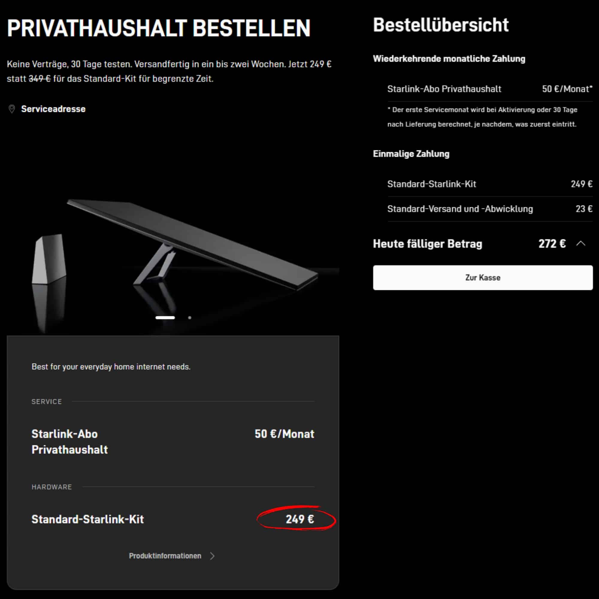 Screenshot der Starlink Bestellübersicht – Einmalige und monatliche Kosten für das Satelliten-Internet.