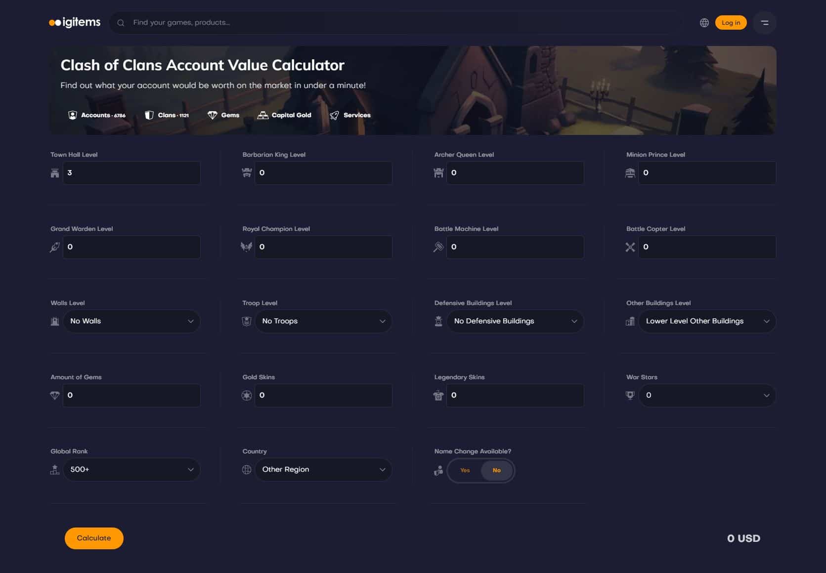 Screenshot eines Clash of Clans Account Value Calculators mit verschiedenen Eingabefeldern für Spielfortschritt und Werte