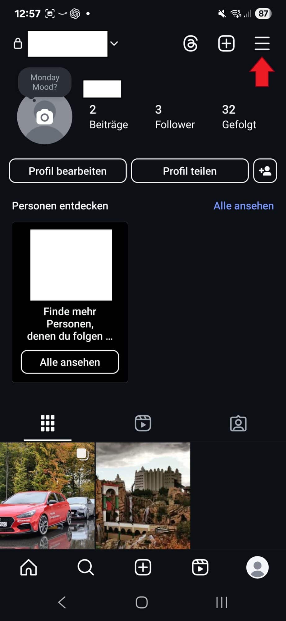 KI auf Instagram widersprechen: Instagram Profilansicht mit markiertem Drei-Striche-Menü-Button zum Aufrufen der Einstellungen KI auf Instagram widersprechen