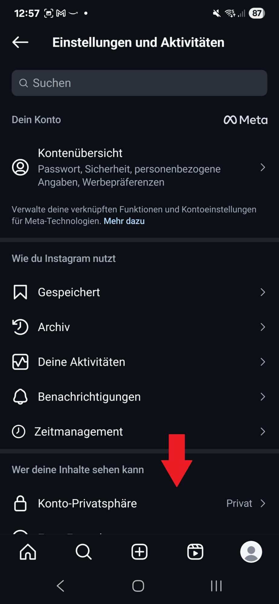 Instagram „Einstellungen und Aktivitäten“-Bildschirm mit markiertem Eintrag „Konto-Privatsphäre“ KI auf Instagram widersprechen