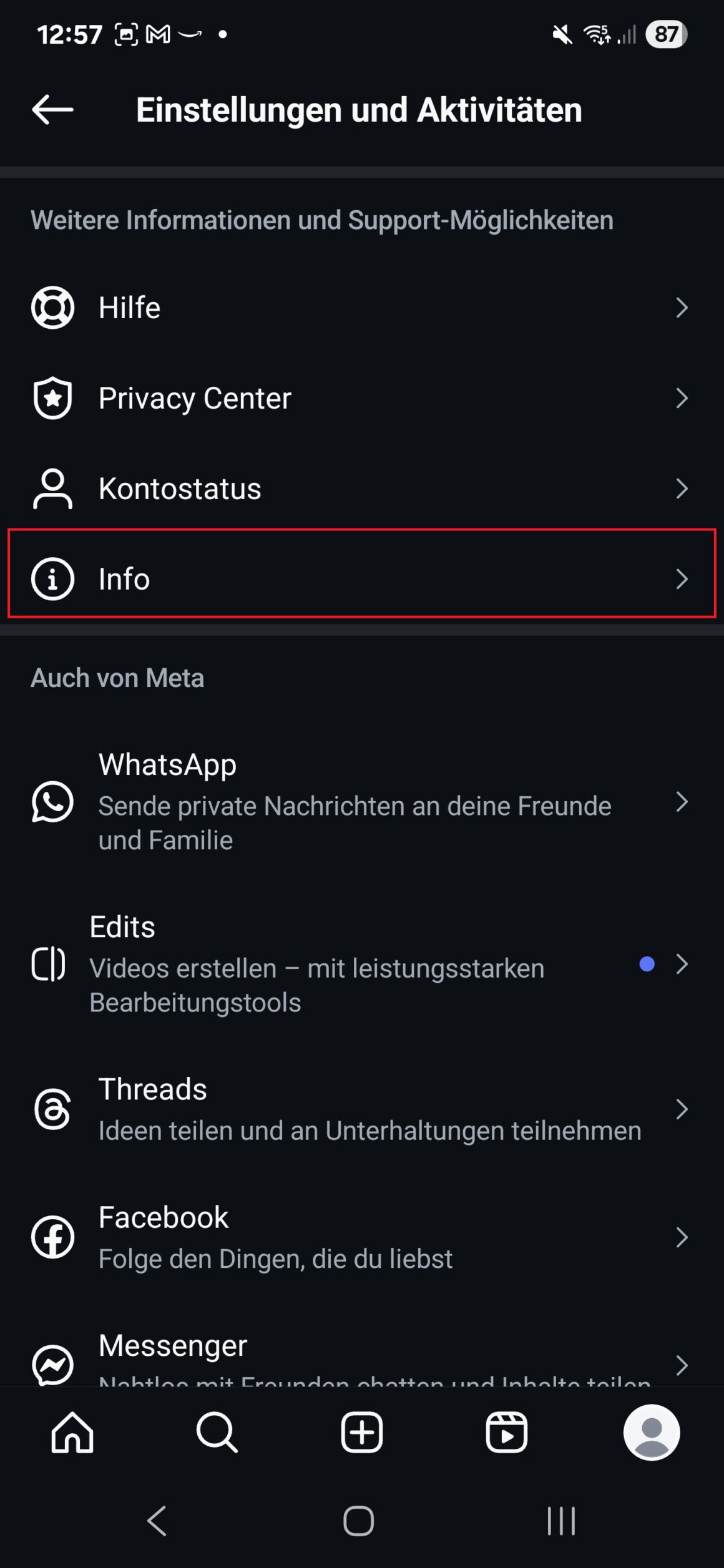 Instagram „Einstellungen und Aktivitäten“-Bildschirm mit markiertem Eintrag „Info“ zum Widerspruch KI auf Instagram widersprechen