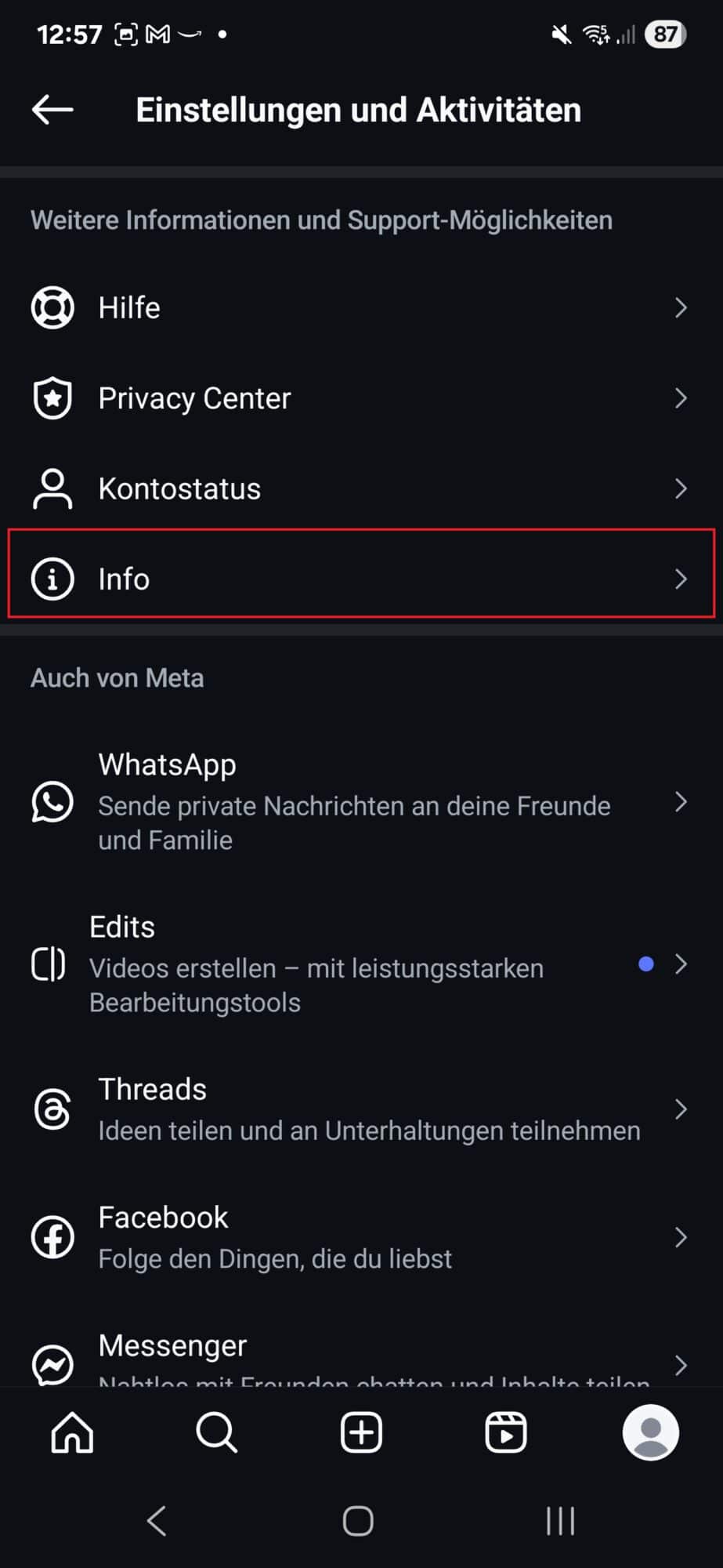 Instagram „Einstellungen und Aktivitäten“-Bildschirm mit markiertem Eintrag „Info“ zum Widerspruch KI auf Instagram widersprechen
