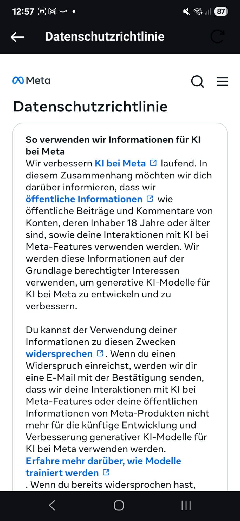 Instagram Datenschutzrichtlinie-Seite mit Angaben zur Verwendung öffentlicher Informationen für KI auf Instagram widersprechen