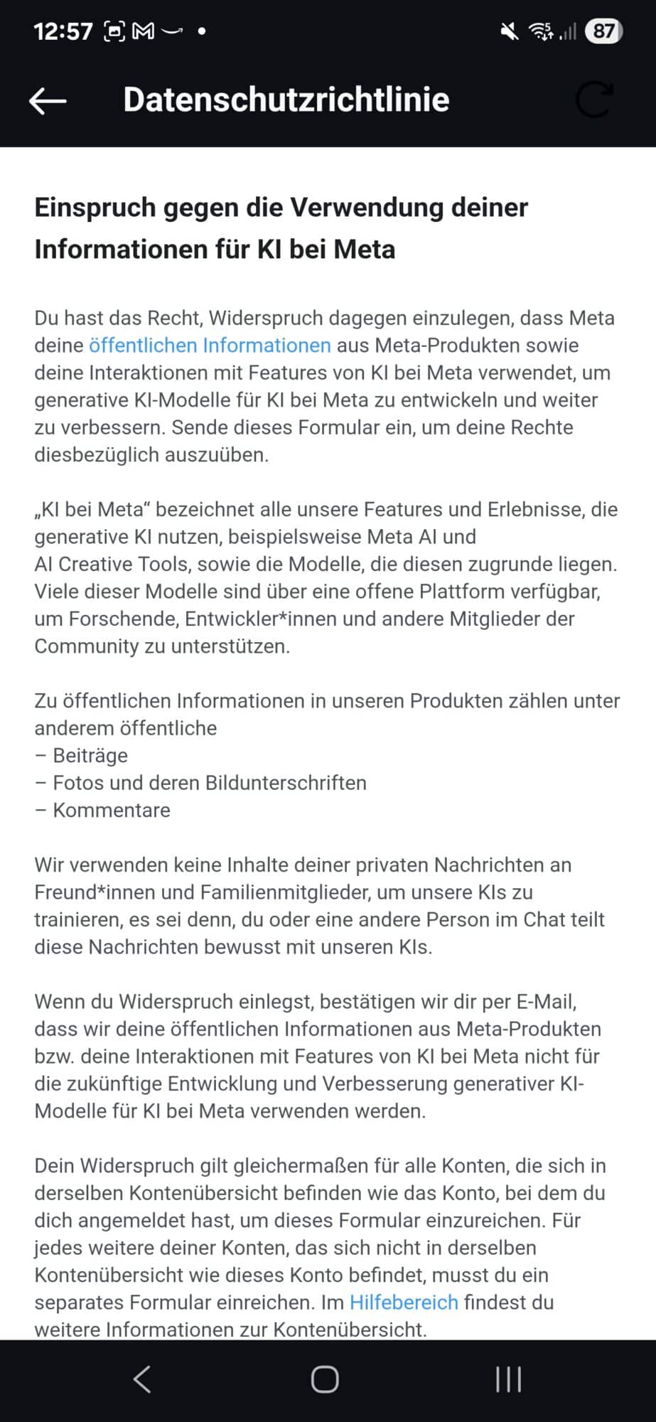 „Einspruch gegen die Verwendung deiner Informationen für KI bei Meta“ KI auf Instagram widersprechen