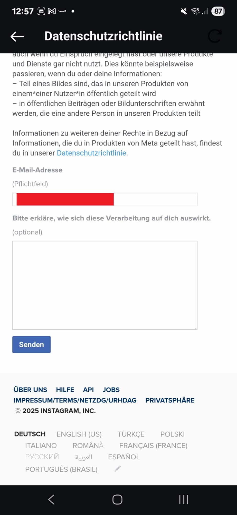 E-Mail-Pflichtfeld und „Senden“-Button im Instagram Widerspruchsformular KI auf Instagram widersprechen