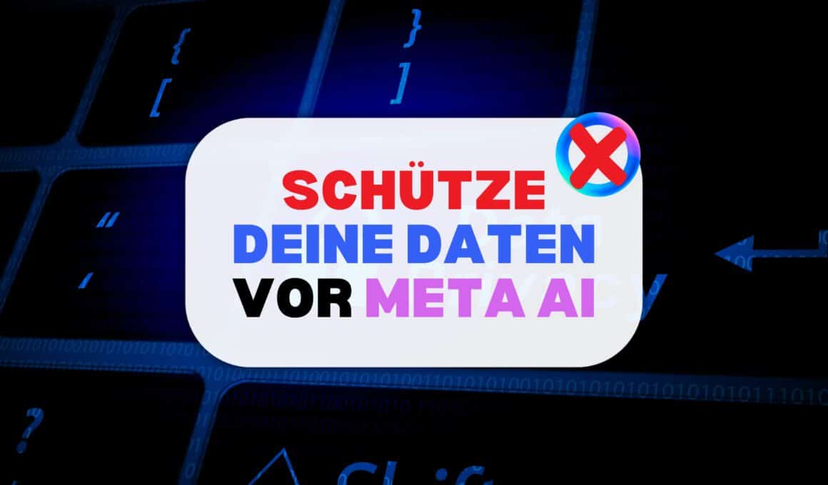 ki auf instagram widersprechen: Illustration eines Pop-ups mit dem Text „SCHÜTZE DEINE DATEN VOR META AI“, vor einem dunkelblauen, binär codierten Hintergrund und dem durchgestrichenen Meta AI-Logo.