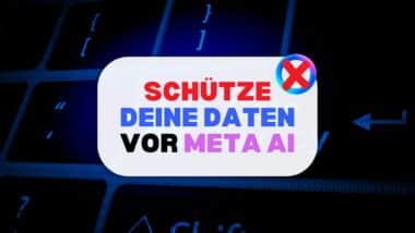 ki auf instagram widersprechen: Illustration eines Pop-ups mit dem Text „SCHÜTZE DEINE DATEN VOR META AI“, vor einem dunkelblauen, binär codierten Hintergrund und dem durchgestrichenen Meta AI-Logo.