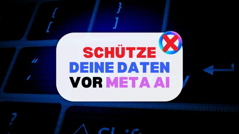ki auf instagram widersprechen: Illustration eines Pop-ups mit dem Text „SCHÜTZE DEINE DATEN VOR META AI“, vor einem dunkelblauen, binär codierten Hintergrund und dem durchgestrichenen Meta AI-Logo.