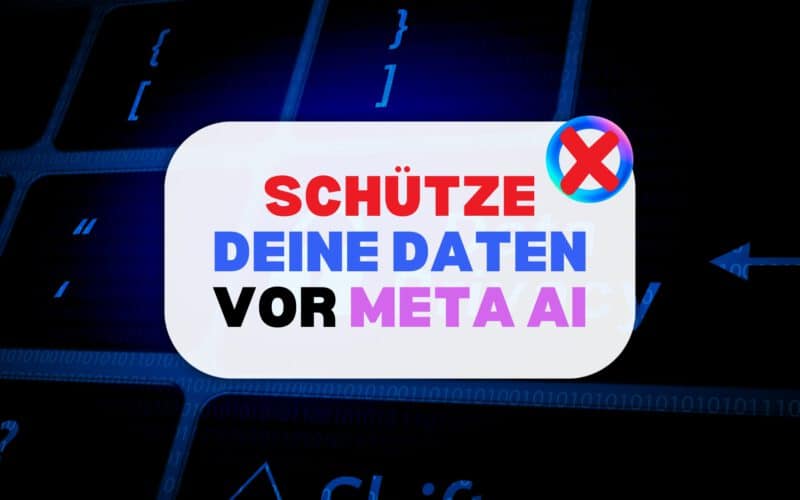 ki auf instagram widersprechen: Illustration eines Pop-ups mit dem Text „SCHÜTZE DEINE DATEN VOR META AI“, vor einem dunkelblauen, binär codierten Hintergrund und dem durchgestrichenen Meta AI-Logo.