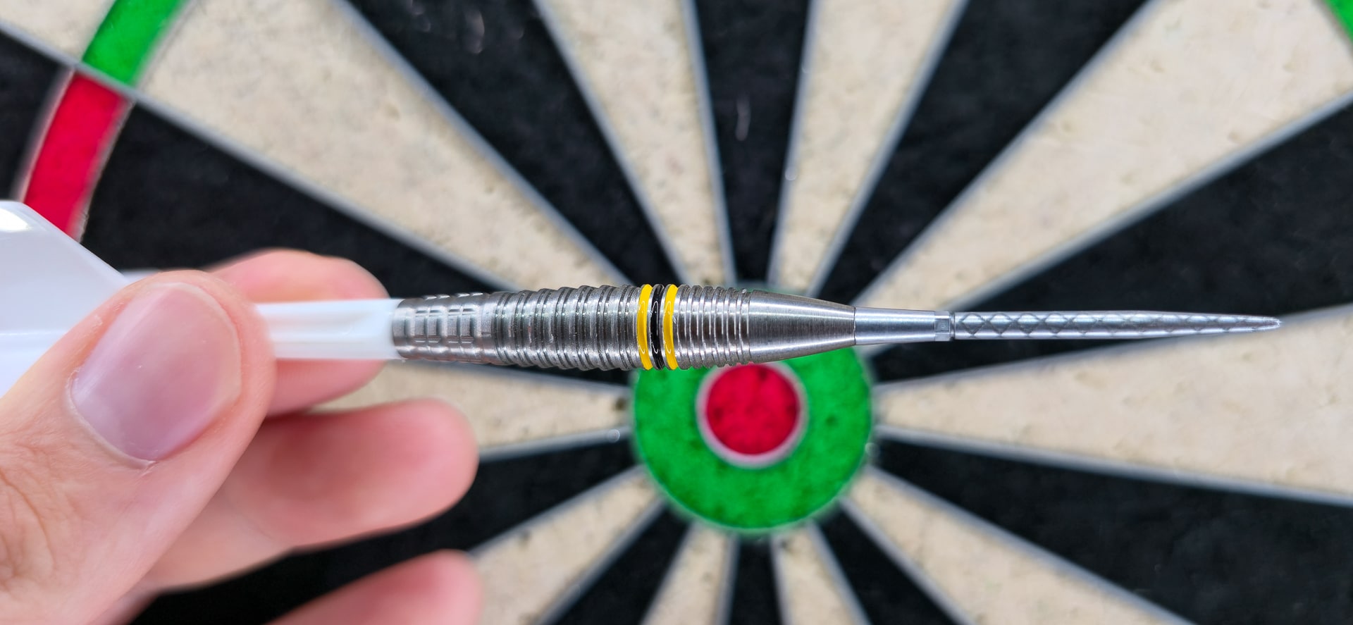 Profilansicht des Gen 2-Darts: kompakte Barrel-Form und prägnante Gelb-Schwarz-Ringe