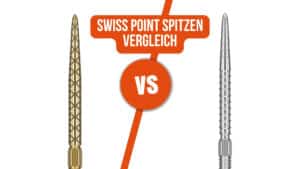 Swiss Point Spitzen Vergleich: Goldene Swiss Storm Diamond Spitze mit lasergeätztem Diamant-Grip links vs. silberne Swiss Nano Spitze mit feinen Rillen rechts, dazwischen Orange-VS-Icon