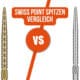 Swiss Point Spitzen Vergleich: Goldene Swiss Storm Diamond Spitze mit lasergeätztem Diamant-Grip links vs. silberne Swiss Nano Spitze mit feinen Rillen rechts, dazwischen Orange-VS-Icon