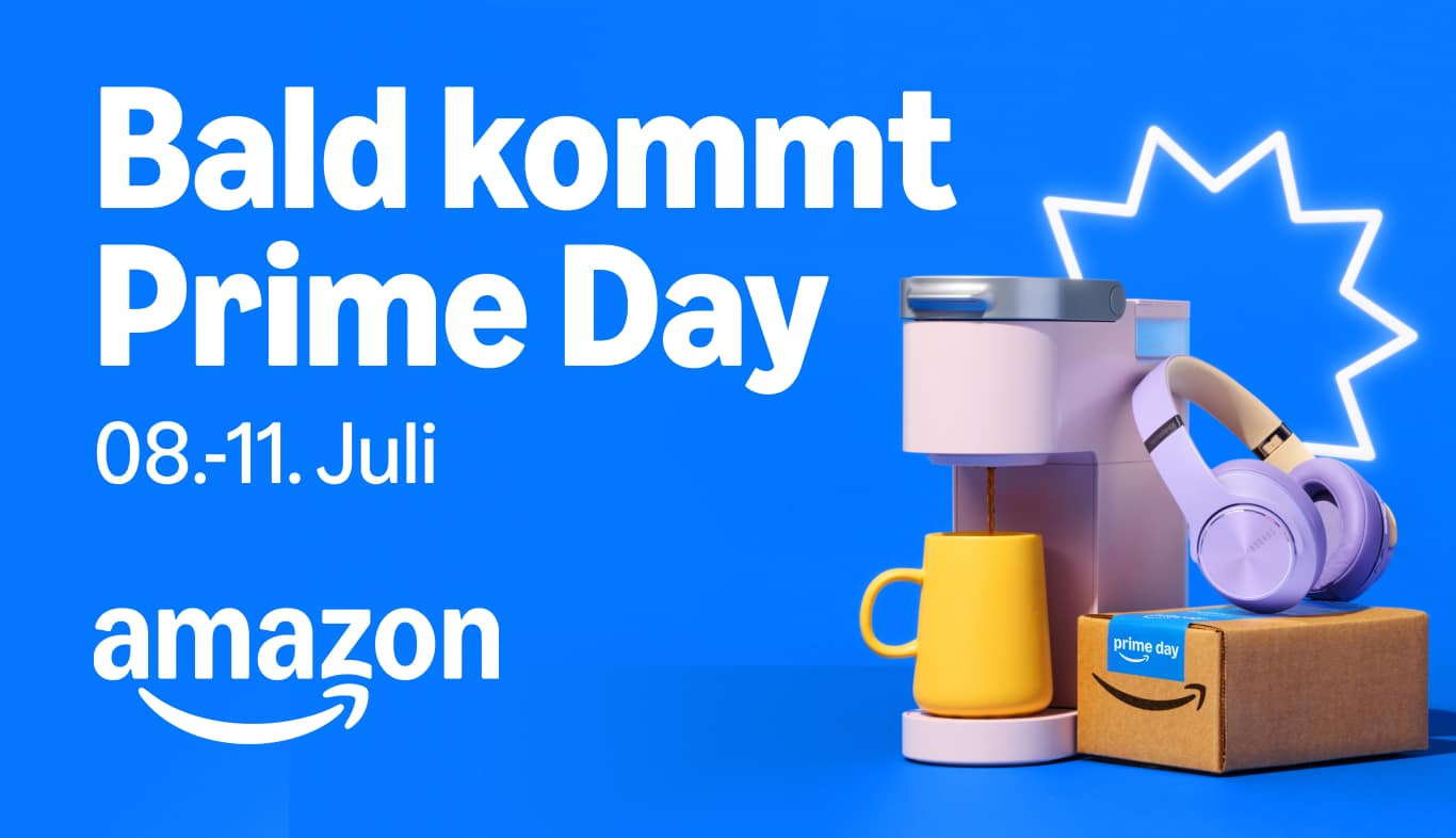 Amazon Prime Day 2025 – Offizielles Ankündigungsbanner mit Datum 8. bis 11. Juli und Produkt-Icons auf blauem Hintergrund.
