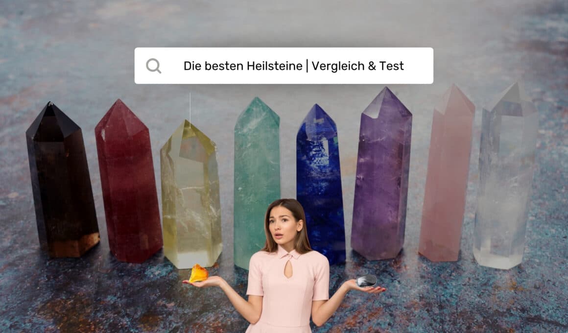 Frau vergleicht Citrin und Hämatit vor Reihe bunter Kristall­säulen – Heilsteine Vergleich & Test 2025