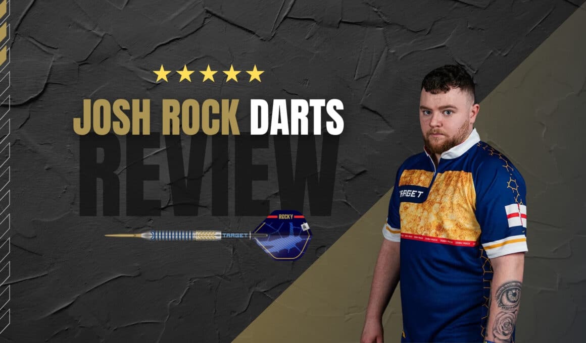 Josh Rock im Target-Trikot steht neben einem auf hyperschwarzem Hintergrund schwebenden Gen1 Swiss-Point Dart mit blau-goldenem Barrel und Rocky-Flights.