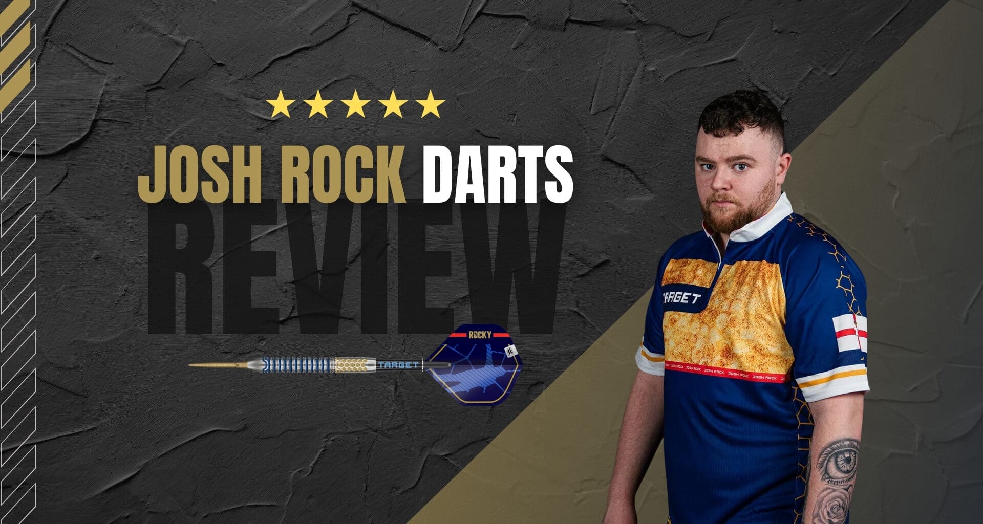 Josh Rock im Target-Trikot steht neben einem auf hyperschwarzem Hintergrund schwebenden Gen1 Swiss-Point Dart mit blau-goldenem Barrel und Rocky-Flights.