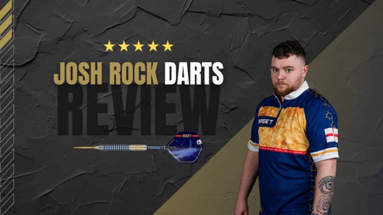 Josh Rock im Target-Trikot steht neben einem auf hyperschwarzem Hintergrund schwebenden Gen1 Swiss-Point Dart mit blau-goldenem Barrel und Rocky-Flights.