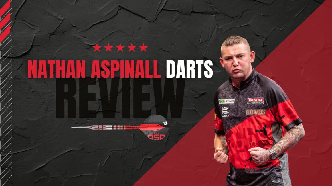 Nathan Aspinall Darts Test – Banner mit Nathan Aspinall im Target-Trikot, GEN-2-Dart und Review-Schriftzug auf schwarz-rotem Hintergrund
