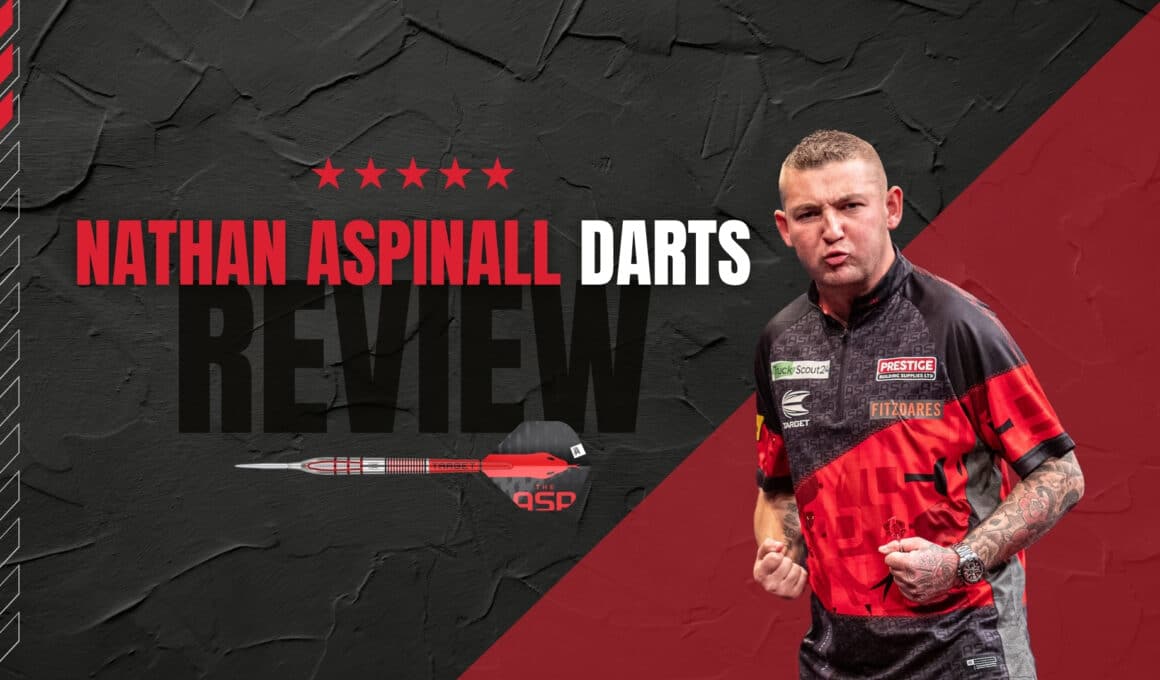 Nathan Aspinall Darts Test – Banner mit Nathan Aspinall im Target-Trikot, GEN-2-Dart und Review-Schriftzug auf schwarz-rotem Hintergrund