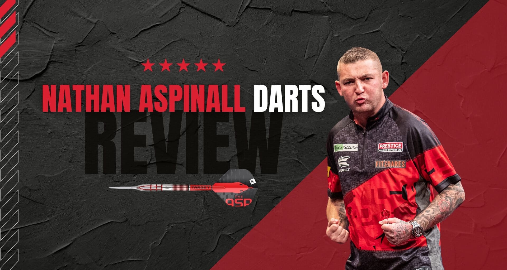 Nathan Aspinall Darts Test – Banner mit Nathan Aspinall im Target-Trikot, GEN-2-Dart und Review-Schriftzug auf schwarz-rotem Hintergrund