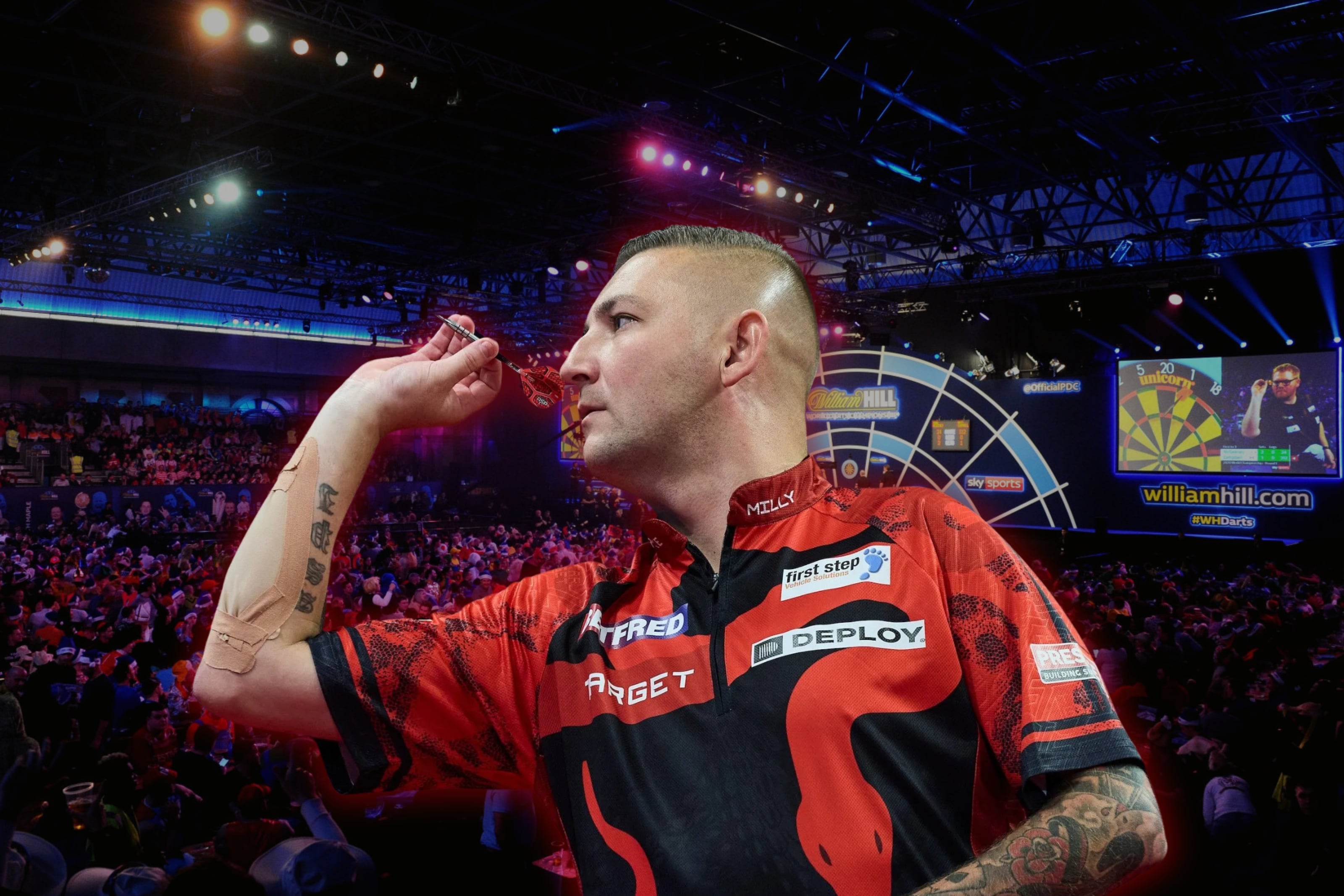 Profi-Dartspieler Nathan Aspinall mit Target Generation 1 Darts im Wettkampf.