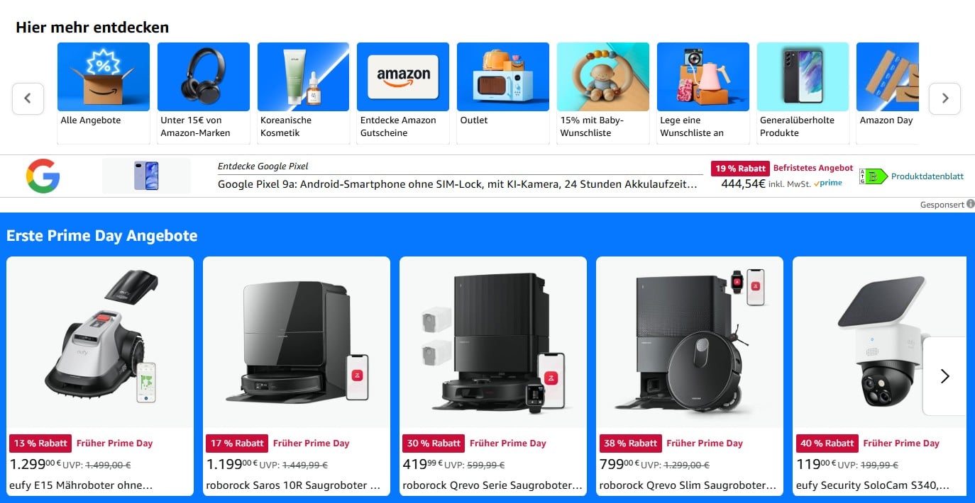 Prime Day 2025 Angebotsübersicht – erste Top-Deals und Rabatte für Saugroboter, Technik und Elektronik bei Amazon.