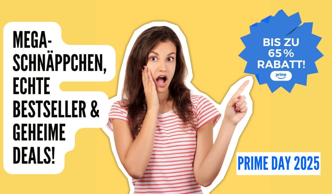 Prime Day 2025 Mega-Schnäppchen, Bestseller und geheime Deals – Frau zeigt überrascht auf Rabatt-Button mit bis zu 65% Rabatt.