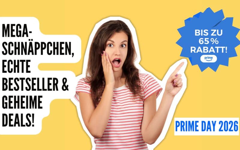 Prime Day 2026 Mega-Schnäppchen – Frau zeigt überrascht auf Prime-Rabatt-Button mit bis zu 65% Rabatt, echte Bestseller und geheime Deals auf gelbem Hintergrund
