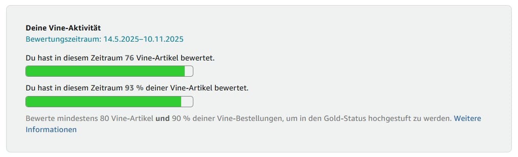Vine‑Aktivität: 76 Bewertungen, 93 % Quote, Fortschritt zu Gold
