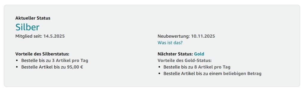 Amazon Vine Silberstatus: 3 Artikel/Tag bis 95 € – nächstes Ziel Gold