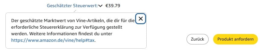 Tooltip geschätzter Steuerwert: Amazon weist 39,79 € Market Value aus