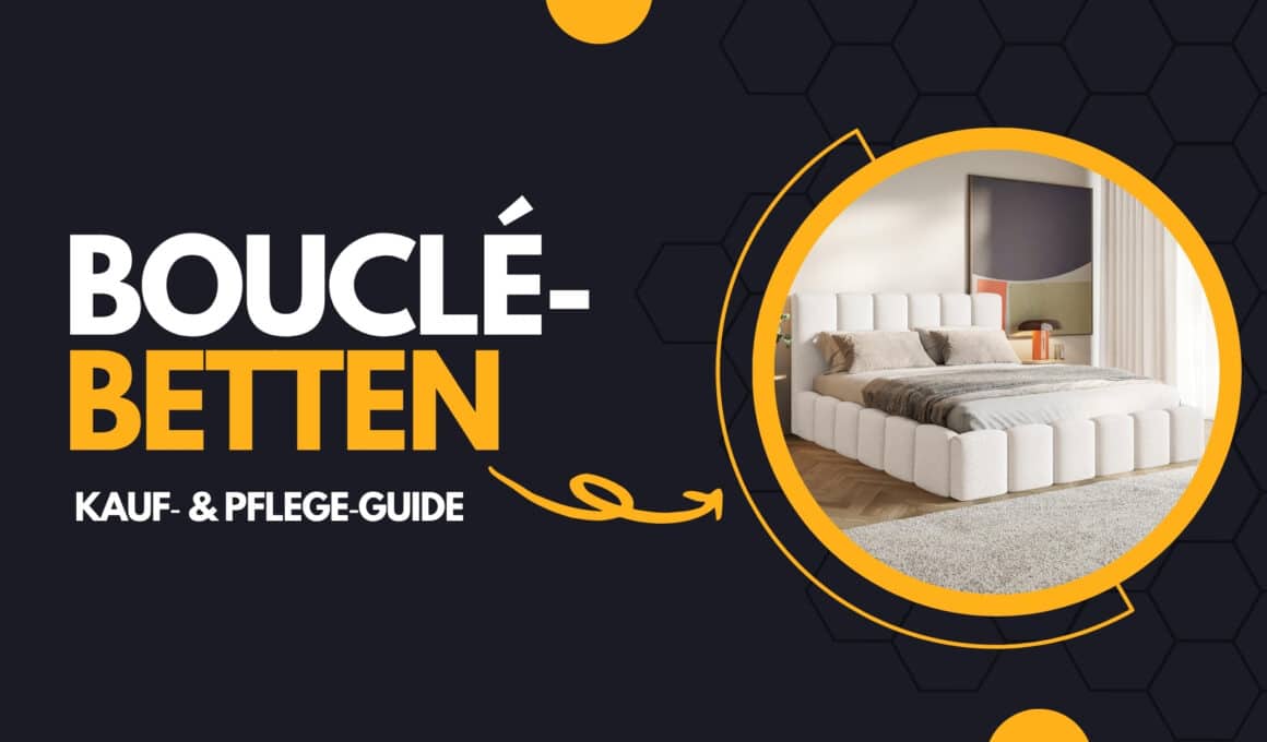Bouclé‑Betten Kauf– & Pflege‑Guide – Titelgrafik mit modernem Off‑White Bouclé‑Polsterbett im Kreisrahmen auf dunklem Hintergrund