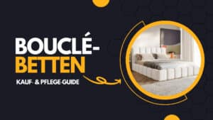 Bouclé‑Betten Kauf– & Pflege‑Guide – Titelgrafik mit modernem Off‑White Bouclé‑Polsterbett im Kreisrahmen auf dunklem Hintergrund
