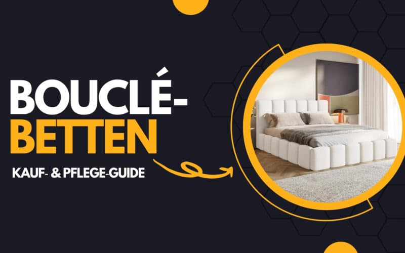 Bouclé‑Betten Kauf– & Pflege‑Guide – Titelgrafik mit modernem Off‑White Bouclé‑Polsterbett im Kreisrahmen auf dunklem Hintergrund